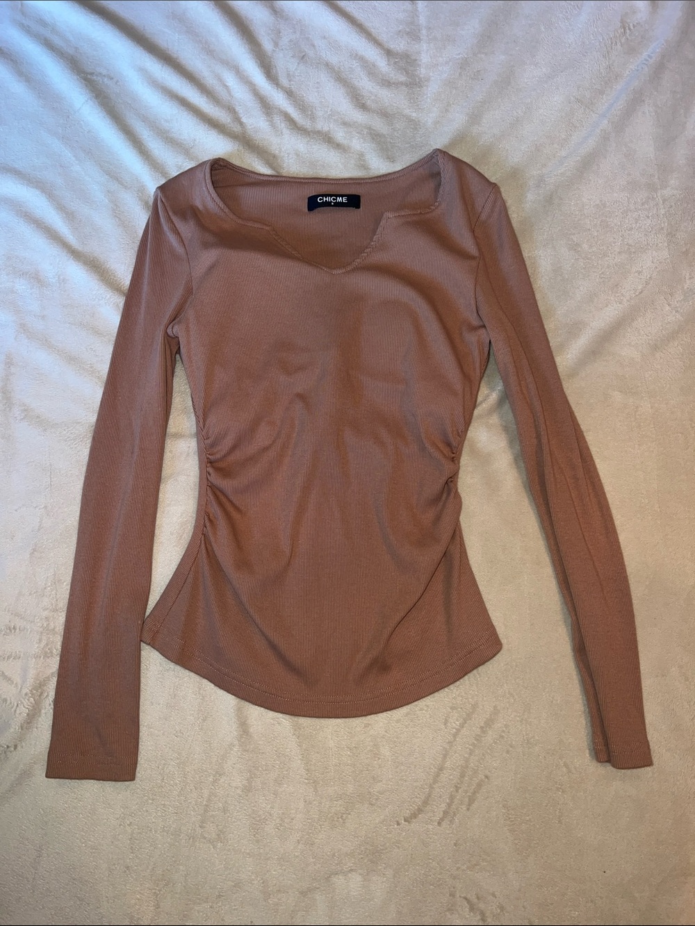 ChicMe Long Sleeve Ruched Side Top - Mauve Brown with built in bra